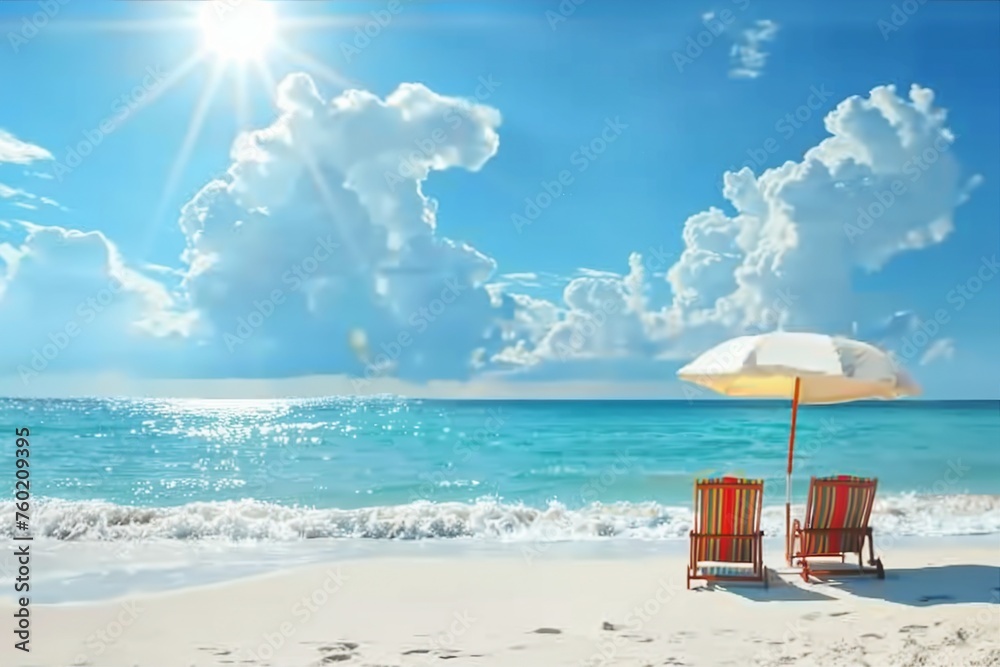 Beach chairs on the white sand beach with cloudy blue sky and sun. generative ai.
