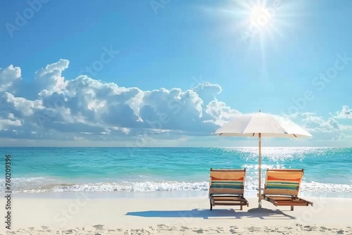 Beach chairs on the white sand beach with cloudy blue sky and sun. generative ai.
