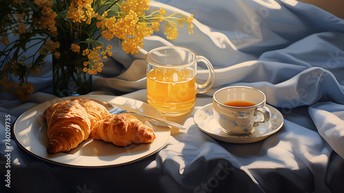  Breakfast in the morning: croissants, fresh hot tea, and dried tiny yellow flowers