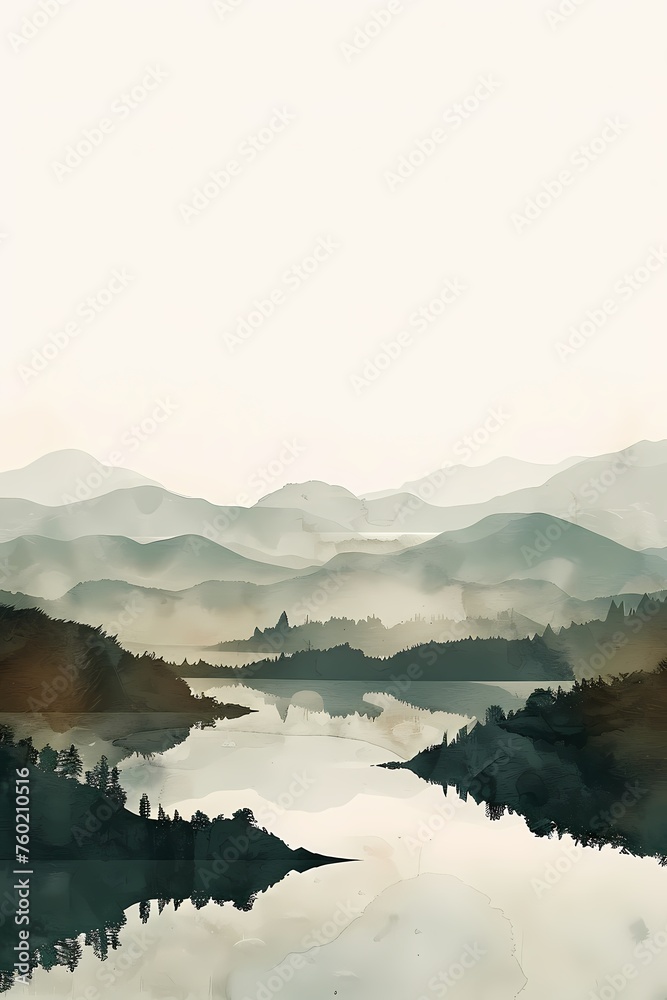abstract painting landscape with mountain and river minimal Boho style in neutral color