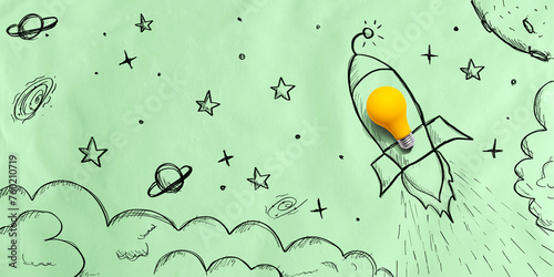 Idea light bulb rocket flying to the sky - Flat lay