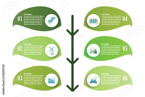 Infographic renewable energy template for energy consumption sustainable information presentation. Vector geometry and icon elements. ecology modern workflow diagrams. Report plan 6 topics
