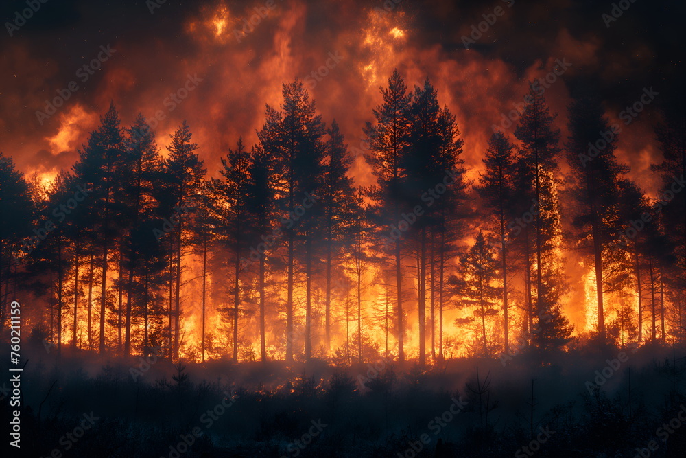  A forest on fire, the burning trees in flames. Orange and red hues against black night sky.  Large scale natural disaster. Night sky.  Fiery landscape