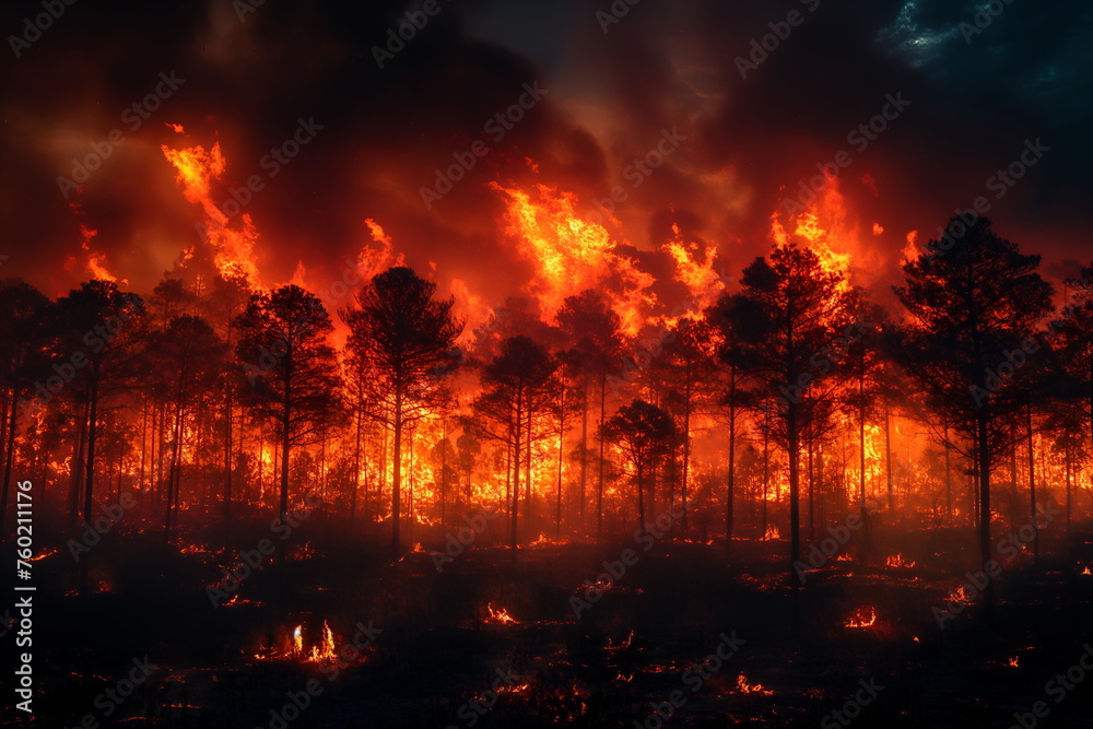A forest on fire, the burning trees in flames. Orange and red hues against black night sky. Large scale natural disaster. Night sky. Fiery landscape A forest on fire, the burning trees in flames. Orange and red hues against black night sky. Large scale natural disaster. Night sky. Fiery landscape