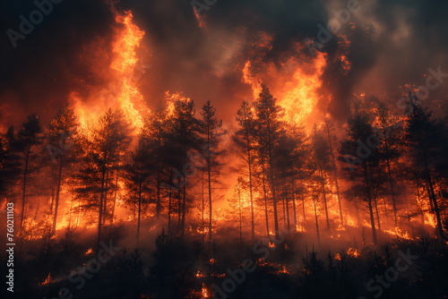  A forest on fire, the burning trees in flames. Orange and red hues against black night sky. Large scale natural disaster. Night sky. Fiery landscape