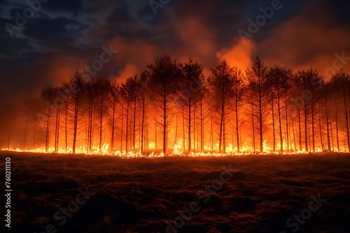 A forest on fire  the burning trees in flames. Orange and red hues against black night sky.  Large scale natural disaster. Night sky.  Fiery landscape
