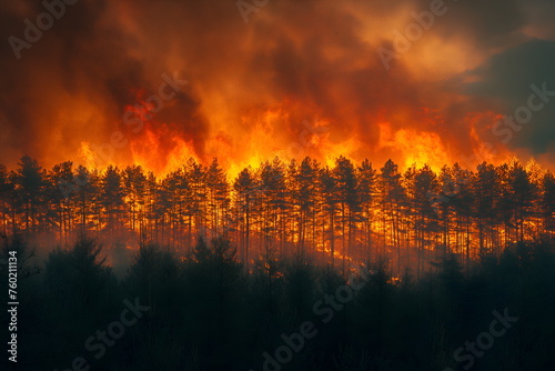  A forest on fire, the burning trees in flames. Orange and red hues against black night sky. Large scale natural disaster. Night sky. Fiery landscape