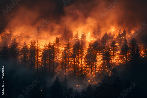  A forest on fire, the burning trees in flames. Orange and red hues against black night sky. Large scale natural disaster. Night sky. Fiery landscape
