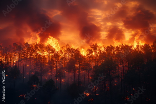  A forest on fire, the burning trees in flames. Orange and red hues against black night sky.  Large scale natural disaster. Night sky.  Fiery landscape photo