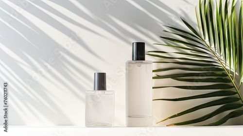 Wallpaper Mural Luxurious Perfume Bottle Standing by Exotic Palm Leaf on Elegant Background Torontodigital.ca