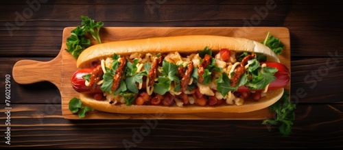Delicious Gourmet Hot Dog with Toppings on Rustic Wooden Cutting Board