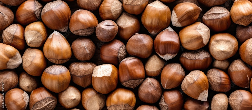 A Close-Up of Fresh Hazelnuts Arranged in a Pattern Creating a Beautiful Background A Close-Up of Fresh Hazelnuts Arranged in a Pattern Creating a Beautiful Background