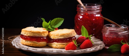 Scrumptious Strawberry Jam Spreads on Fresh Biscuits with Delightful Tea