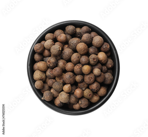 Dry allspice berries (Jamaica pepper) in bowl isolated on white, top view