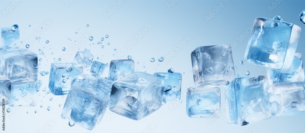 Vivid Ice Cubes Cascading into Crystal Clear Blue Water in a Refreshing Splash Vivid Ice Cubes Cascading into Crystal Clear Blue Water in a Refreshing Splash