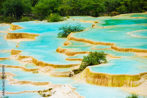 The beautiful scenery of Huanglong Yaochi in rainy season in Sichuan, China