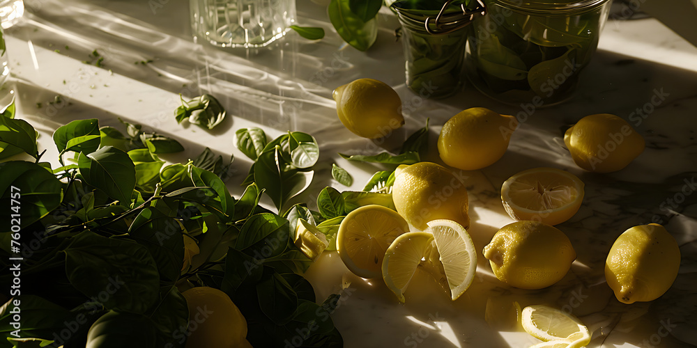 Limão refrescante com fatias de limão fresco - obrazy, fototapety, plakaty 