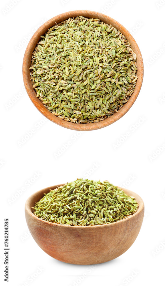 Fennel seeds in bowl isolated on white, top and side views Fennel seeds in bowl isolated on white, top and side views