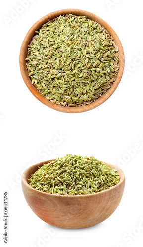 Fennel seeds in bowl isolated on white, top and side views