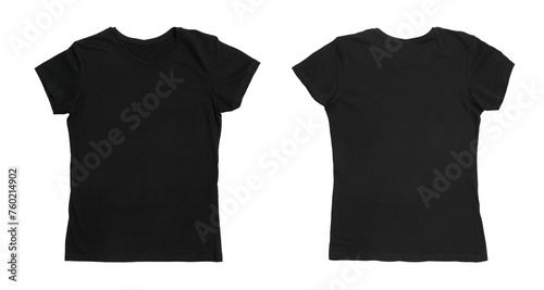 Black t-shirt with space for design isolated on white. Back and front views