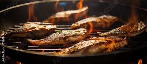 Sizzling Seafood Delight  Fresh Grilled Fish on Barbecue with Flames - Culinary Cookout