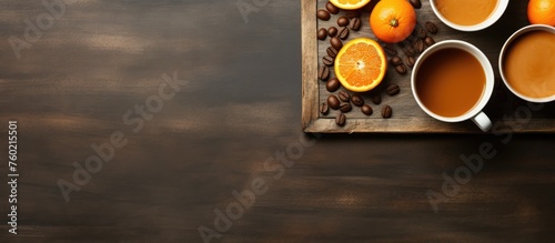 Refreshing Morning with Coffee and Citrus Fruits on a Wooden Tray