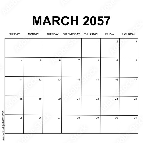 march 2057. monthly calendar design. week starts on sunday. printable, simple, and clean vector design isolated on white background.