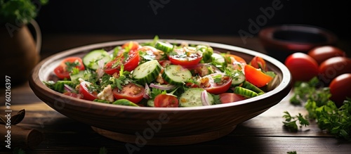 Vibrant Bowl of Fresh Salad with Colorful Tomato and Crisp Cucumber Slices