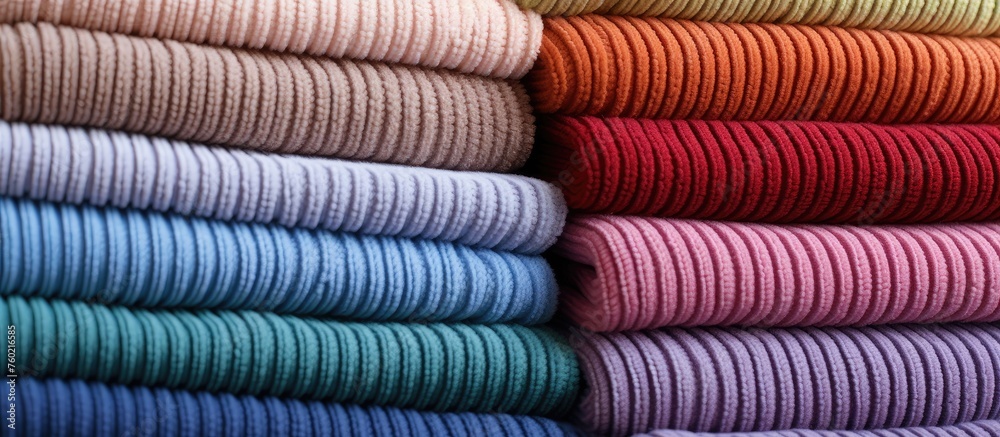 Vibrant Assortment of Cozy Knit Sweaters in a Colorful Pile for Winter Fashion Season Vibrant Assortment of Cozy Knit Sweaters in a Colorful Pile for Winter Fashion Season