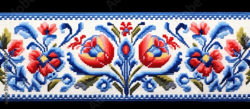 Vibrant Cross Stitched Floral Pattern with Delicate Flowers and Leaves