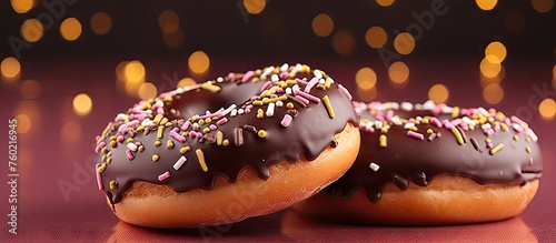 Delicious Donut Treats Dressed with Rich Chocolate and Colorful Sprinkles on Vibrant Red Background