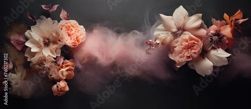 Enchanting Floral Dance in the Dark: Mystical Smoke and Blooms on Black Background