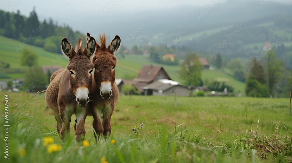 A brown donkey couple cuddeling together on a green field on a German farm