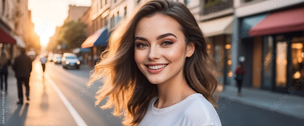 Bright city street at sunset background Portrait of smiling beautiful woman smooth clean face glowing skin youth skin care ad concept from Generative AI