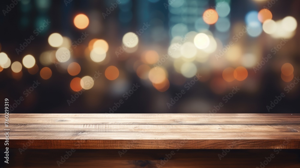 Warm and Cozy Wooden Table Set for a Relaxing Evening with Blurred Lights Bokeh