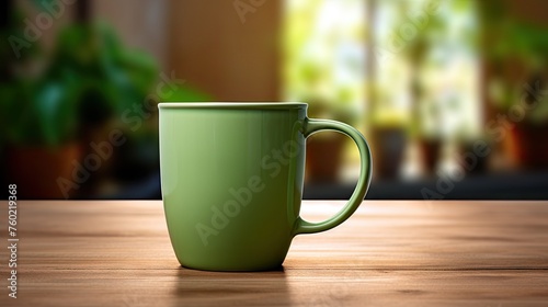 Soothing Green Coffee Cup Resting on a Rustic Wooden Table in Natural Light