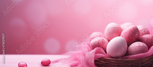 Delicate Easter Basket Filled with Pastel Eggs and Decorated with Pink Tulle © Ilgun