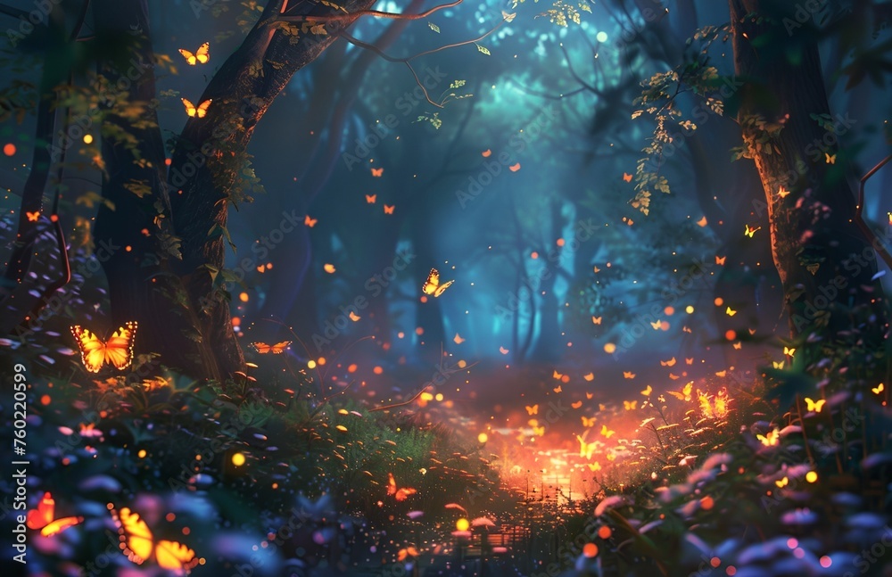 A flock of butterflies shining and flying in the dark forest