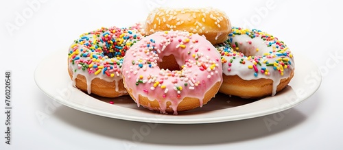 Assorted Delicious Glazed Donuts Presentation on White Plate photo