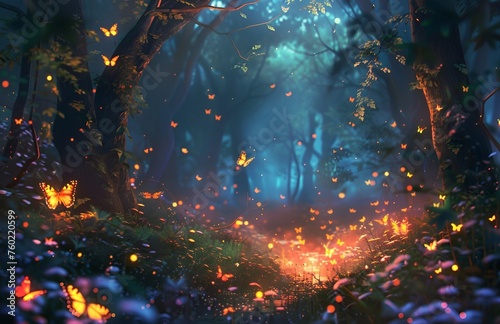 A flock of butterflies shining and flying in the dark forest