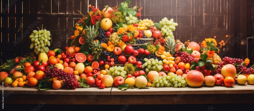 Abundant Fresh Fruits Displayed on a Rustic Wooden Table Abundant Fresh Fruits Displayed on a Rustic Wooden Table