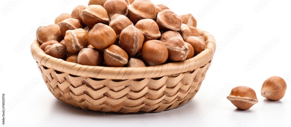 Rustic Basket filled with Fresh Organic Hazelnuts, Nature's Autumn Harvest Bounty Rustic Basket filled with Fresh Organic Hazelnuts, Nature's Autumn Harvest Bounty
