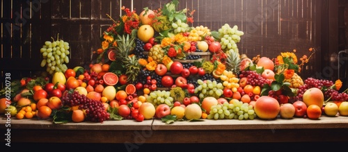 Abundant Fresh Fruits Displayed on a Rustic Wooden Table