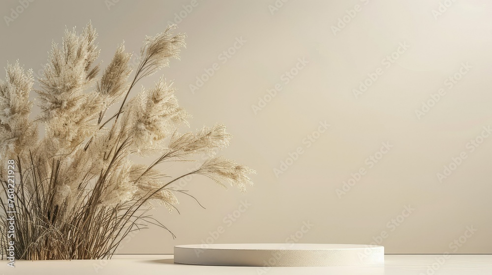3D rendering of a beige round podium, with a large branch of pompous grass in the background.