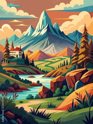 A vintage vector landscape background with a serene lake and rolling hills in muted colors.