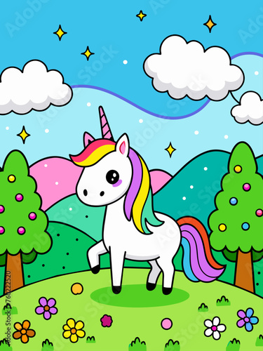 Whimsical unicorn graces a serene meadow, surrounded by vibrant blooms and a tranquil river under a soft blue sky.