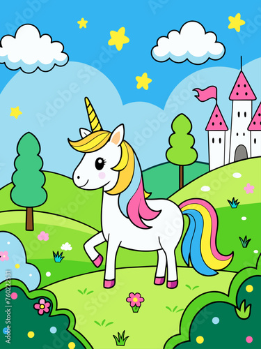 A majestic unicorn gallops through a vibrant  ethereal landscape adorned with rainbows and twinkling stars.