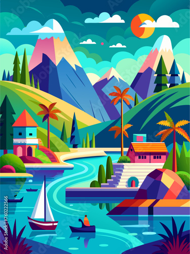 A serene vacation landscape with a tranquil body of water stretching into the distance.