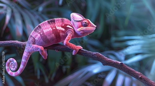 pink chameleon (fictious species) sitting on a branch in a tropical jungle photo