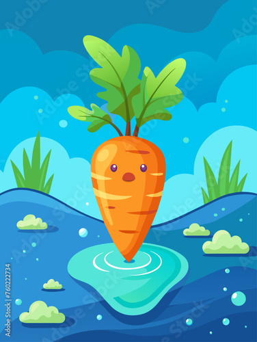 Sliced carrots arranged in a circle float on a calm water surface.